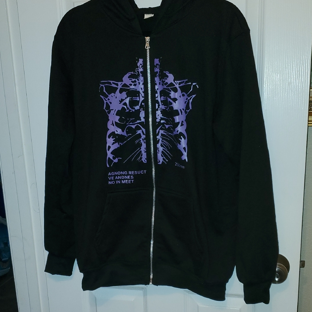 Black Zip-Up Hoodie with Purple Ribcage Graphic